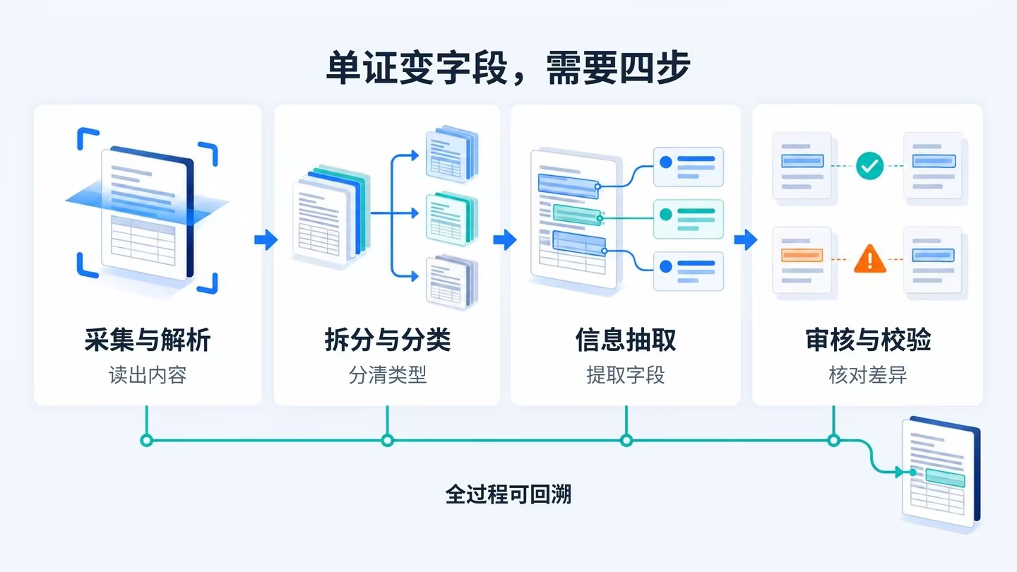 物流单证处理的采集解析、拆分分类、信息抽取、审核校验四步流程图
